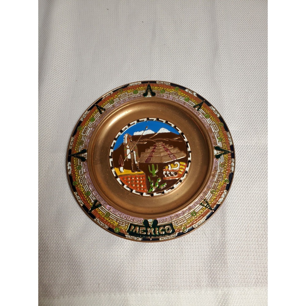 Vtg Mexico Copper Enamel‎ Souvenir Wall Plaque Mayan Aztec Pyramid Hand Painted